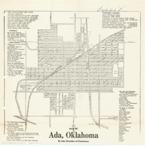 ["This map of Ada, Oklahoma, is a black and white publication from the Ada (Okla.) Chamber of Commerce. Dimensions: 13 x 13."]