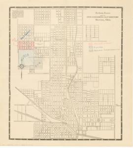 ["This Civic-Commercial Map Directory of Shawnee, Oklahoma, is a black and white map with colored pencil markings from The County Democrat. It depicts the airport location, including possible future expansion areas marked in pencil, and labels a golf course. Dimensions: 15 1/2 x 17."]
