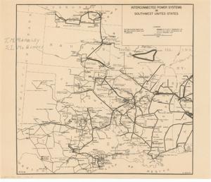 ["This map, titled Interconnected Power Systems in Southwest United States, is a black and white depiction with the names T. M. Markley and S. I. McElhoes written in pencil. Dimensions: 13 x 11."]