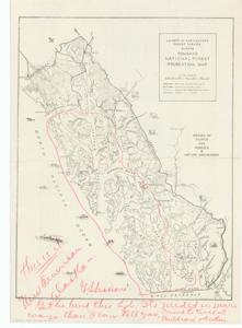 ["The Tongass National Forest Recreation Map, Alaska, produced by the U.S. Forest Service, U.S. Department of Agriculture, consists of four black-and-white copies with red pencil markings; one includes a handwritten note to Lyle Boren. Dimensions: 10 x 14."]