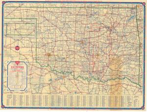 ["The Official Road Map of Oklahoma, produced by the H. M. Gousha Company, is a color map illustrating locations where Conoco products are sold. Dimensions: 24 x 18."]