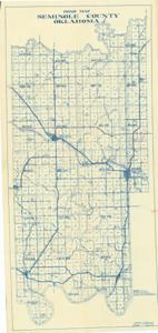 ["Road Map of Seminole County, Oklahoma, created by William Roy Grace, County Engineer, features blue ink on white paper with red pencil markings. Dimensions: 37 x 17 3/4."]