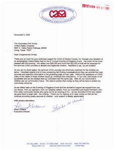 ["The document is a thank you to Congressman Dick Armey for his support of CASA of Denton County, Inc. The organization raised over $26,000 at their event, with most of the funds going towards providing services to abused and neglected children. The document emphasizes the importance of CASA's work in protecting and advocating for children in the community."]