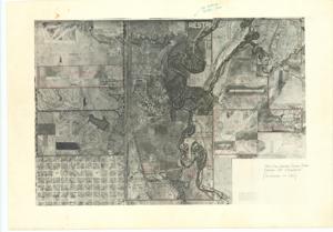 ["The document represents a map conservation Survey map with the land of the Fort Sill Indian School indicated as well as the land and acreage leased by Cameron. Site plan (aerial photograph, overlaid); 20 3/8 x 29 inches; Scale (approximately) 1: 680'; Inscribed (center, top edge; green): ONE QUARTER PRIVATE LAND; Outlined (red): land leased by Cameron."]