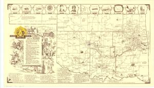 ["The document represents a map historical Map of Oklahoma with historical events, places, and cities marked on the map with words and pictures. Sixty historical events are listed at the bottom of the map and indexed with numbers which are labeled on the map. A brief timeline of Oklahoma and the territory to become Oklahoma is given. Pictorial map; 14 1/2 x 25 inches; Annotation (blue, circle) around Ft. Reno and annotation (blue, arrow) pointing at Ft. Reno."]