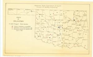 ["The document is a map of the State of Oklahoma, P.L. 660 Project Distribution, Map; 13 x 20 5/8 inches; Annotated (by hand) with color-coded dots representing projects and their status Map; 13 x 20 5/8 inches; Annotated (by hand) with color-coded dots representing projects and their status."]