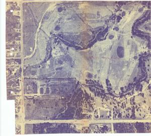 ["The document represents a map aerial photograph of area at South East (Eastern) Avenue and Southeast 29th Street, which appears to depict the proposed location of Trosper Park as a red outlined box southwest of Trosper Golf Course. Street names, box outline, and golf course label are inscribed in red pencil. Aerial photograph (site plan); 14 7/8 x 16 1/8 inches."]