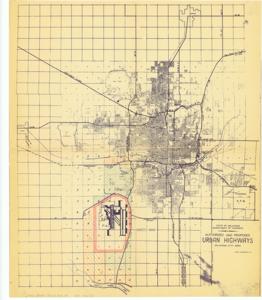 ["The document represents a map  was originally enclosed with a letter dating 1959 February 4 from Stanley Draper, Oklahoma City Chamber of Commerce, to Don McBride, Office of Robert S. Kerr. Map encompasses the Oklahoma City area Expressway System. Annotated in red is the Interstate sections of the System. The extension of the Interstate System connecting the Tinker area with the Will Rogers Field and the Crosstown Expressway (Interstate 40) is shaded in green. State of Oklahoma Department of Highways - Authorized and Proposed Urban Highways - Oklahoma City Area Created by Treat engineering Company Site plan; 21 x 17 13/16 inches; Annotated sections: (hand-shaded, in green); (outlined, red) around Rogers Field; (hand-shaded, orange-red) labeled A; (hand-shaded, orange-red) labeled B."]