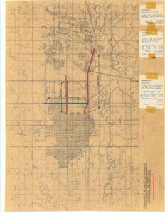 ["The document represents a plan includes three notes for three separate access roads (taped to area plan). Area plan (orthographic projection); 18 7/8 x 25 inches; Annotations (black with labels) for access roads; Highlighted (red; green) Fort Sill Boulevard, Sycamore Avenue, U.S. 277."]