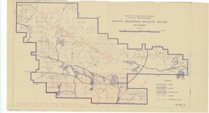 ["The document represents a map depicts the area expansion of Fort Sill into the Wichita Mountains Wildlife Refuge. Forestry map; 11 x 20 inches; 76 WIG 5; Inscribed (northern portion; red): BIG GAME PASTURE; Inscribed (southeast corner; red): FORT SILL; Annotation (southern; hand-shaded, red) expansion area; Inscribed (bottom, left corner; red): 10,700 Acres to be taken by the Army."]