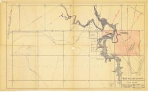 ["The document represents a plan Oklahoma Ordinance Works (O.O.W.) Area Map. Proposed site for Midwest Carbide Plant is hand-shaded in red. The Plant moved in to Pryor in 1958 and was described as a large calcium carbide plant. More information about the O.O.W. can be found at the Oklahoma Historical Society Encyclopedia https://www.okhistory.org/publications/enc/entry.php?entry=OK069 Site plan; 22 11/16 x 36 7/8 inches; Inscribed (top, right corner): Tract # I; inscribed (top, right corner): Tract #2; stamped (top, left corner): May 23 1951."]