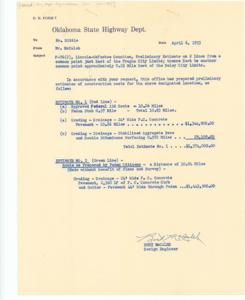 ["The document represents a plan area plan consists of the approved route (red) for US 62 with a portion of the route entering Paden as well as the proposed route (green) by the citizens of Paden. Attached to this item was a letter from Burt McCaleb, Design Engineer at the Oklahoma State Highway Department, to Mr. Bittle. Letter pertains to cost estimates of the two routes. Area plan (orthographic projection); 11 x 37 1/2 inches; Annotated (hand-colored, red) with the Approved Federal Aid Route, notes, and cost estimate; Annotated (hand-colored, green) with the Paden Citizens' Proposed Route, notes, and cost estimate."]