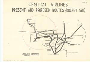 ["The document represents a map item was enclosed with a letter from Keith Kahle, President of Central Airlines Inc., to Senator Robert S. Kerr pertaining to an Oral Argument for the Service to Liberal Case scheduled before the Civil Aeronautics Board at Washington on July 6, 1956. The Service to Liberal Case includes service from Oklahoma City, Enid, and Guymon. Regional map (site plan); 13 15/16 x 20 inches; Annotated (red; 4 inch radius) circle with Liberal, Kansas as epicenter; Exhibit Cen 2; Page 1."]