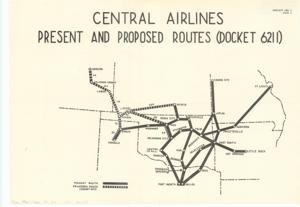 ["The document represents a map item was enclosed with a letter from Keith Kahle, President of Central Airlines Inc., to Senator Robert S. Kerr pertaining to an Oral Argument for the Service to Liberal Case scheduled before the Civil Aeronautics Board at Washington on July 6, 1956. The Service to Liberal Case includes service from Oklahoma City, Enid, and Guymon. Regional map (site plan); 13 15/16 x 19 15/16 inches; Exhibit Cen 2; Page 1."]