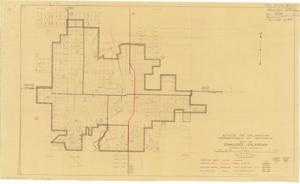 ["The document represents a map proposed Urban Route in Okmulgee, Oklahoma. Plat (map); 17 15/16 x 29 15/16 inches; Annotated (red pencil) proposed urban route; Inscribed (top, right corner): M.E. Wood, Mayor Okmulgee, Oklahoma; Inscribed (top, right corner): Mr. Hilts Bureau of Public Roads Gov. 1215, Ex 4141."]