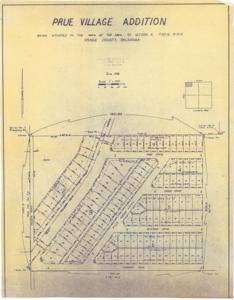 ["The document represents a map prue Village Addition - Osage County, Oklahoma Created by Shibley-Lane Engineering, Company, 1339 North Sherman, Tulsa, Oklahoma Location: Being situated in the NW 1/4 of the NW 1/4, of Section 5, T-20-N, R-10-E, Osage County, Oklahoma. Plat (map; diazotype, blueline print); 22 5/8 x 17 3/4 inches."]