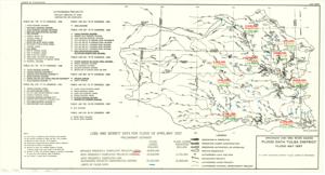 ["The document represents a map depicts the preliminary estimate of loss and benefit data for the flood of April-May 1957. Flood loss dollar amounts pertaining to projects and their completion are color-coded and stamped on the map. Limits of flood data are marked with blue lines. There is a numbered index of 58 authorized projects, which are labeled on the map. Map; 10 7/16 x 19 9/16 inches."]