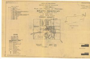 ["The document represents a plan area plan and profile for Federal Aid Project No. F-351 (1), U.S. Highway 281, Control Section No.-08-12 in Caddo County, Oklahoma. This project is in Federal Road District No. 6. F.A. Special Provisions Govern and State Standards Specifications Govern approved the plan on April 28, 1955. Sheet 1 of 25. Area plan; 22 15/16 x 36 1/8 inches; Annotated (circle, red) indicating the project site; Inscribed (bottom, left corner): Project No. FAP-F-351 (1) Sheet No. 1; Inscribed (bottom, right corner): Dietzgen No. 135 Imperial."]