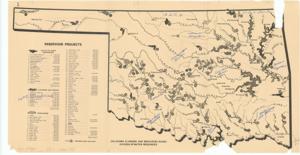 ["The document represents a map  of Oklahoma indicating the 18 existing or under construction reservoir projects, the 9 authorized and approved reservoir projects, and the 68 recommended reservoir projects all of which pattern-coded. The map also lists all of the projects and their costs. Map; 11 1/2 x 22 inches; Annotated (blue) names of basins, lakes, and areas relative to these bodies of water; Annotated (pencil) sections for each annotated name; Inscribed (top, left corner): 1."]