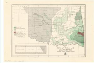 ["The document represents a map forestry map of Oklahoma featuring color and pattern-coded areas for types of trees as well as the Federal Shelterbelt Zone and areas under cooperative fire protection. Forestry map; 10 1/2 x 15 5/16 inches; Inscribed (top, left corner): 6."]