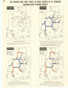 ["The document represents a map item is a broadsheet notice featuring four regional utility maps pertaining to the Colorado River Storage Project (CRSP). The region depicted consists of Wyoming, Utah, Colorado, Arizona, and New Mexico. Each map illustrates a different aspect of the CRSP: existing transmission system, bureau proposals, utility proposals, utility proposals showing tollgates. Broadsheet (notice; utility maps; regional); 26 1/4 x 20 inches."]