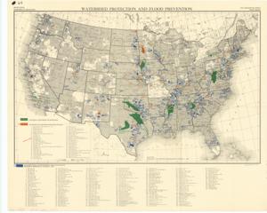 ["The document represents a map item is a watershed map of the continental United States and features various color-coded shaded areas. The green areas represent authorized flood prevention watersheds. The orange areas represent authorized pilot watershed protection projects. The blue areas represent authorized Public Law 566 Watershed Protection Projects. Watershed map (national); 17 15/16 x 21 15/16 inches; Annotated (bottom, left; red, pencil) with arrow pointing at 14 Double Creek, Okla.."]