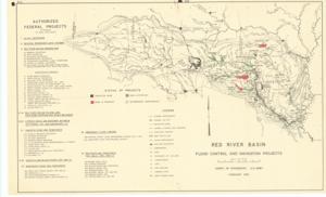 ["The document represents a map item is a map of the Red River Basin featuring various federally authorized flood control and navigation projects. All projects featured are enumerated on the map as well as color-coded based on its status. Completed projects are black; projects in progress are red; authorized projects are green. Authorized Federal Projects Created by the Corps of Engineers, United States Army Topographic map (hydrologic map; color); 17 x 27 5/8 inches."]