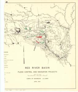 ["The document represents a map item is half a map of the Red River Basin featuring various federally authorized flood control and navigation projects. Topographic map (hydrologic map; color); 17 7/16 x 14 inches."]
