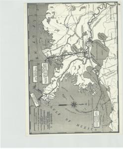 ["The document represents a plan item is a map of the Mississippi River Delta and depicts the proposed plan of the Tidewater Ship Canal, which connects the New Orleans Harbor (Mississippi) with the Intracoastal Canal and Gulf of Mexico. Proposed by the Mississippi Valley Seaway Canal Association. Area plan (orthographic projection; map; positive photostat print); 16 1/8 x 22 1/4 inches; Inscribed (bottom, right corner): Exhibit 1."]