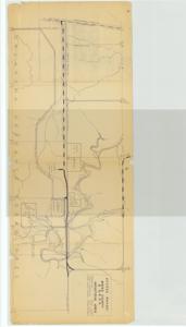 ["The document represents a map item is a map of the area ranging from Sections 31-34, TWP 21 N, R 19 E to Sections 6-2, TWP 20 N, R 19 E east of U.S. Highway No. 69 in Mayes County, Oklahoma. The map depicts access roads, property lines, proposed construction, and the watershed area of the Ft. Gibson Reservoir. Item was Prepared for: Board of Commissioners, Mayes County, Oklahoma. Topographic map (watershed map; diazotype, blackline print); 14 x 36 3/8 inches."]