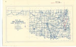 ["The document represents a map item is a map of the State of Oklahoma that depicts the state's highway system. Map features annotations and inscriptions of Proposed Road, Red Oak to Talihina. The location points of the cities are annotated as dots (black, pen) and inscribed (black, pen) with their city names, Red Oak and Talihina. The proposed road is annotated as a line (red, pencil). Map (diazotype, blueline print); 14 x 22 inches; Inscribed (top, right; black, pen): Proposed Road, Red Oak to Talihina; Annotated (red, pencil) arrow pointing to further annotations and inscriptions; Inscribed (reverse; pencil): Indian road."]