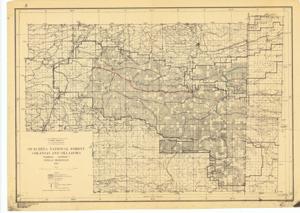 ["The document represents a map item is a forestry map of the Oklahoma portion of the Ouachita National Forest. Map features two annotations. The first annotation in red pencil traces a length of road and is labeled with the inscription: Road #1. The second annotation in green pencil traces the length of two intersecting roads and is labeled with the inscription: Road M 2. This map was Compiled at Regional Office, Washington, 1930, from U.S.G.S., G.L.O., Forest Service, and other surveys by H.S. Meekham, Traced by C.B. Noyes, 1931, and Rev. by M.E.P. 1956. Forestry map (polyconic projection; diazotype, blackline print); 18 3/4 x 26 3/8 inches; Annotated (red, pencil) length of Road #1; Annotated (green, pencil) length of Road M 2."]
