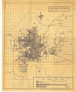 ["The document represents a plan item is a zoning and land use map and area plan of the Will Rogers Field Area prepared by Hudgins, Thompson, Ball and Associates Architects and Engineers. The map depicts the recommended boundary to be owned by the City (red outline), the area unsuited for residential development due to high-level jet aircraft noises (green crosshatch), and the areas recommended by the Oklahoma City Chamber of Commerce as unnecessary or undesirable for residential use (orange crosshatch). Original map print is of Oklahoma City and Vicinity and was prepared by the Oklahoma City Engineering Department, W.W. Baker (City Engineer), Sheldon L. Stirling (City Manager). Zoning, land use map (area plan; diazotype, blackline print); 26 1/2 x 21 3/8 inches; Annotated (red, pencil) outlines; Annotated (green pencil) crosshatch; Annotated (orange, pencil) crosshatch, A, B; Inscribed (top, right corner; pencil): Corre. From Hudgins, Thompson, Ball and Associates; 9; 4/20/61; FAA Zoning; FHA."]