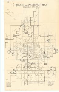 ["The document represents a map item is a map of the wards and precincts of Oklahoma City. Oklahoma. Map verso features individual maps of Edmond, Midwest City, Warr Acres, and Del City. This item is a smaller, dual-sided leaflet version of Kerr, Maps, Item 127. Historical map; 14 x 8 1/2 inches."]