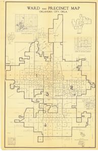 ["The document represents a map item is a map of the wards and precincts of Oklahoma City, Oklahoma and includes individual maps of Edmond, Midwest City, Warr Acres, and Del City as well as vicinity maps of the legislative and justice of the peace districts. Historical map (diazotype, blackline print); 14 x 8 1/2 inches."]