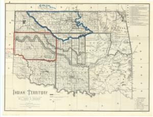 ["The document represents a map item is a historical topographic map of Indian Territory. Map was Compiled under the direction of the Honorable: John H. Oberly. Commissioner of Indian Affairs by C.A. Maxwell. Chief Law and Land Division, Indian Bureau. With the added blue and red annotations, the map emphasizes the areas of land granted to the Cheyenne's and Arapahos [Cheyenne and Arapaho Tribes].However, the map depicts the Tribal sections and land from 1889 to include: Choctaw Nation, Chickasaw Nation, Apache and Comanche, Wichita's, Pottawatomie, Seminoles, Sac and Fox, Kickapoos, Iowa's, Creek Country, Cherokees, Osages, Tonkawa's, Poncas, Otoe Missouria's. All treaty dates are notated on the map. Historical, topographic map (positive photostat print); 25 1/4 x 32 9/16 inches; Annotated (red, pencil) outline of land area associated with the Executive Order of August 10, 1869; Inscribed (red, pencil): 5,138,560 acres; Inscribed (pen): granted to Cheyenne's and Arapaho's. by Executive order of August 10, 1869; Annotated (blue, pencil) outline of land area associated with the Treaty of October 28, 1867; Inscribed (blue, pencil): 5,184,640 acres; Inscribed (pen): Granted to Cheyenne and Arapahoe's by Treaty of October 28, 1867; Inscribed (bottom, right corner): 96772 O - 49 (Face p. 44)."]