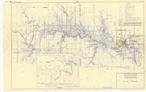 ["The document represents a map item is a map of the Verdigris River, Oklahoma, which includes watershed areas. This map was amended to depict the property of W. F. Graham, low/high water routes, and the relocation request by W. F. Graham. Map pertains to the Arkansas River Watershed Oologah Reservoir, Verdigris River, Oklahoma. This map is the second revision- first revision September 18, 1955 and second revision September 12, 1956. Watershed map (diazotype; blueline print); 20 3/4 x 33 inches; Inscribed (bottom, right corner): Sheet No. 1; In 1 Sheet."]