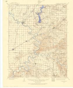 ["The document represents a map item is a topographic map of the Wyandotte Quadrangle in Oklahoma, which borders Missouri and Kansas. The map depicts the topography around Wyandotte, Oklahoma (N3630-W9430/30) in 1907. Survey for quadrangle conducted in 1906-1907. Map features roadways, railroads, drainage, waterways, farm units, cities, towns, and natural features. Topographic map (polyconic projection; color); 21 x 17 inches; Shading (blue, pen) along Spring River, starts N 3652/35 (T 24 N, R 24 E); Annotated (pink, pen) line through Ottawa; Annotated (pencil) water lines; Inscribed (pencil, ): Filtering Plant at N 3654/18-W 9446/32."]