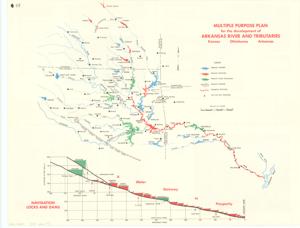 ["The document represents a map item is a map of the Arkansas River and its tributaries and reservoirs in Kansas, Oklahoma, and Arkansas. Reservoirs are color-coded based on their level of authorization and completion. Featured with the Arkansas River map is a profile of its navigation locks and dams titled: A Water Stairway to Prosperity. On the reverse is information pertaining to the navigation projects of the Missouri River and inland waterways and their relation to the Arkansas River. Hydrologic map (broadside; profile, orthographic projection; color); 18 1/2 x 24 inches."]