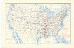 ["The document represents a map  has been annotated to change the division or district boundaries around the State of Oklahoma. Additionally, a dark dot has been annotated over Oklahoma City, which may indicate a District Headquarters location. A red dot has been annotated over Fort Worth, Texas. Historical map (national; gel-lithograph); 20 7/16 x 30 15/16 inches; Annotations (red, brown) around Oklahoma and on cities."]