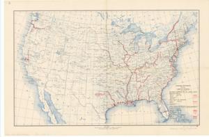 ["The document represents a map item is a national map depicting all of the waterways improved by the United States and those, which are state, foreign, and privately-owned as well as the waterways that are projected but not completed by either group. Featured on the map is the projected waterway in Texas, authorized by the 1945 Rivers and Harbors Act. Historical map (national; gel-lithograph); 20 1/2 x 31 inches; Stamped (red): 1945 Rivers and Harbors Act; Annotation (stamped; red ink) of projected US waterway 9 to 12 feet deep from Galveston to Fort Worth Texas."]