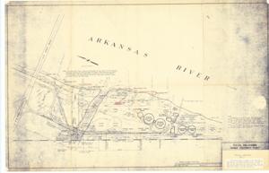 ["The document represents a plan This drawing shows the general river bank area in the vicinity of the sewage disposal plant. This drawing shows the new river bank established after the 1957 flood and the former bank and ground controls. Note the comparison between river bank established after the 1957 flood and as shown in the 1961 photographs. Drawn by JLW Checked by BNS Date November 21, 1952 Removed Grit Removal and Aeration Tank from Contract - Revision Revised as Buit June 13, 1955 by LLW Site plan (diazotype, blueline print); 22 x 34 1/16 inches; Annotations (red, pencil) emphasizing specific words with underlining and highlighted arrows."]