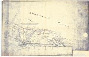 ["The document represents a plan This drawing shows the general river bank area in the vicinity of the sewage disposal plant. This drawing shows the new river bank established after the 1957 flood and the former bank and ground controls. Note the comparison between river bank established after the 1957 flood and as shown in the 1961 photographs. Site plan (diazotype, blueline print); 22 x 34 1/16 inches; Annotations (red, pencil) emphasizing specific words with underlining and highlighted arrows."]