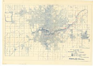 ["The document represents a plan item is a map and area plan of Oklahoma City featuring the Oklahoma City Floodway project along the Canadian River. The numbered circles along the floodway are inferred to correspond to photographs given the inscribed message on verso. Area plan (orthographic projection; road map; positive blueprint); 21 1/4 x 29 1/2 inches; Annotated (seven circles; red marker); Numbers Inscribed (within six circles; red marker): 1; 3; 4; 6; 7; 8; Numbers Inscribed (within one circle; red marker): 5&2; Inscribed (verso; pencil): KEY MAP TO PICTURES."]