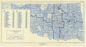 ["The document represents a map The map lists on the left third of the map the District number, district name, and an approximate acreage for all 73 districts. The Chairman and board members are named below the district listing. Map (modified polyconic projection; positive blueprint); 17 7/8 x 32 3/4 inches; Shading (blue, pencil) of all 73 Soil Conservation Districts; Inscribed (verso; pencil): Archives-Soil Conservation (Washington Meeting)."]