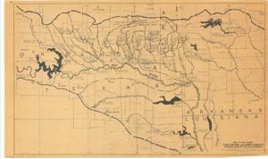 ["The document represents a map item is a map of the Red River Basin, which covers portions of Oklahoma, Texas, Arkansas, and Louisiana. This map depicts all of the flood control and power projects and their area within the basin from Denison Dam to Fulton, Arkansas. Hydrologic map (diazotype, blackline print); 23 15/16 x 40 1/2 inches; Inscribed (verso; pencil): Pg 11."]