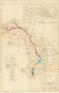 ["The document represents a map This item is an index map of the Grand (Neosho) River, which runs through Oklahoma, Kansas, Missouri, and Arkansas in the Arkansas River Basin. The physical map appears to be from November 1944 and was repurposed in 1951 to document and visualize the statuses of the reservoirs in comparison to the extent of the July 1951 flood. A new legend was printed on the map and color-coded by hand. Included with the map of the Grand River is a vicinity map of the Arkansas River Basin. Created by the United States Engineering Office, Tulsa, Oklahoma in November 1944 Drawn by CWS Traced by CWS Checked by HHP Revised January 15, 1945 to accompany the survey report Index map (topographic map; diazotype, light brown); 41 3/4 x 26 3/4 inches; Annotations (hand-colored; color-coded; pink, pencil; blue, brown, orange, ink/paint); Inscribed (left of legend; pencil): partial; Inscribed (bottom, right corner): Sheet No. 1; In 1 Sheet; Inscribed (bottom, right corner): To accompany Survey Report dated January 15, 1945; Inscribed (bottom, right corner): G.N.8/1A."]