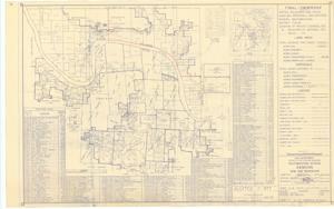["The document represents a map item is a plat of the area 9 miles northwest of Denison, Texas in Tulsa District, Southwestern Division, Marshall County, Oklahoma and Grayson County, Texas, which has been audited and procured for the Denison Dam and Reservoir project. The map depicts the Final - Ownership of the area. Plat includes a list of previous owners (vendors) and an index map. The original map print was approved on June 10, 1946, but the current map was audited January 18, 1957 and corrected June 3, 1957. Plat (map; diazotype, blueline print); 24 1/16 x 38 5/8 inches; Inscribed (bottom, right corner): Sheet: 12 of 23; Inscribed (bottom, right corner): Drawing No. SW-288/12; Annotations (lines, arrows; red, pencil) along Oklahoma side of Red River; Inscribed (bottom, right corner; pencil): Incl 3 [?] Incl 2."]