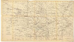 ["The document represents a map item is a weather map of precipitation from a July 9-13, 1951 storm in the southern portion of the Missouri River Basin. This map indicates and plots the connecting areas of equal rainfall with lines. Weather map (diazotype, blackline print); 28 x 49 7/8 inches; Inscribed (bottom, right corner; pencil): Attachment 4; Inscribed (verso top, center; pencil): #102; Shading (green, pencil; crosshatch) in portion of sections 7f, 8f, 9g, 10g, top right corner of 9h; Annotations (red, pencil; underlined) for Diamond Springs and Iola, Kansas and Miami, Oklahoma."]