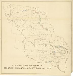 ["The document represents a map item is regional map depicting the Missouri River Basin and the Arkansas-Red River Basin. This map features all of the major waterways, lakes, and reservoirs in these basins. All of the lakes and reservoirs are hand-colored in red, blue, or green pencil, which likely pertains to the construction program and represents the level of completion of each project. Hydrologic map (regional; diazotype, blackline print); 40 1/8 x 39 1/8 inches; Shading (red, blue, green; pencil) all lakes and reservoirs."]